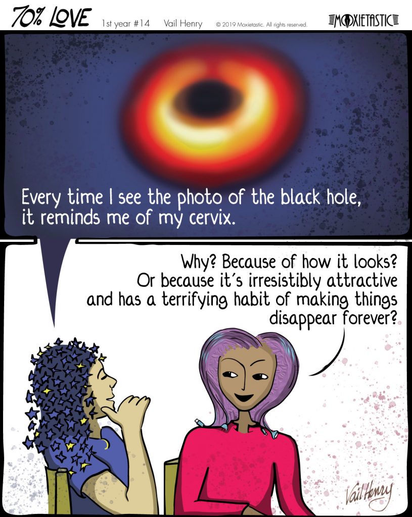 Illustration of a black hole; two women laughing and talking.