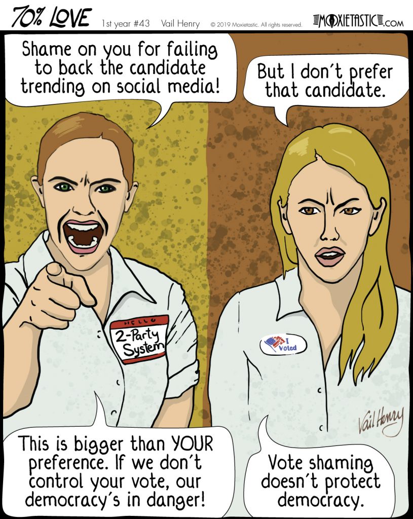 two women arguing; one is wearing a sticker indicating she is the two-party system; the other is wearing a sticker indicating she voted