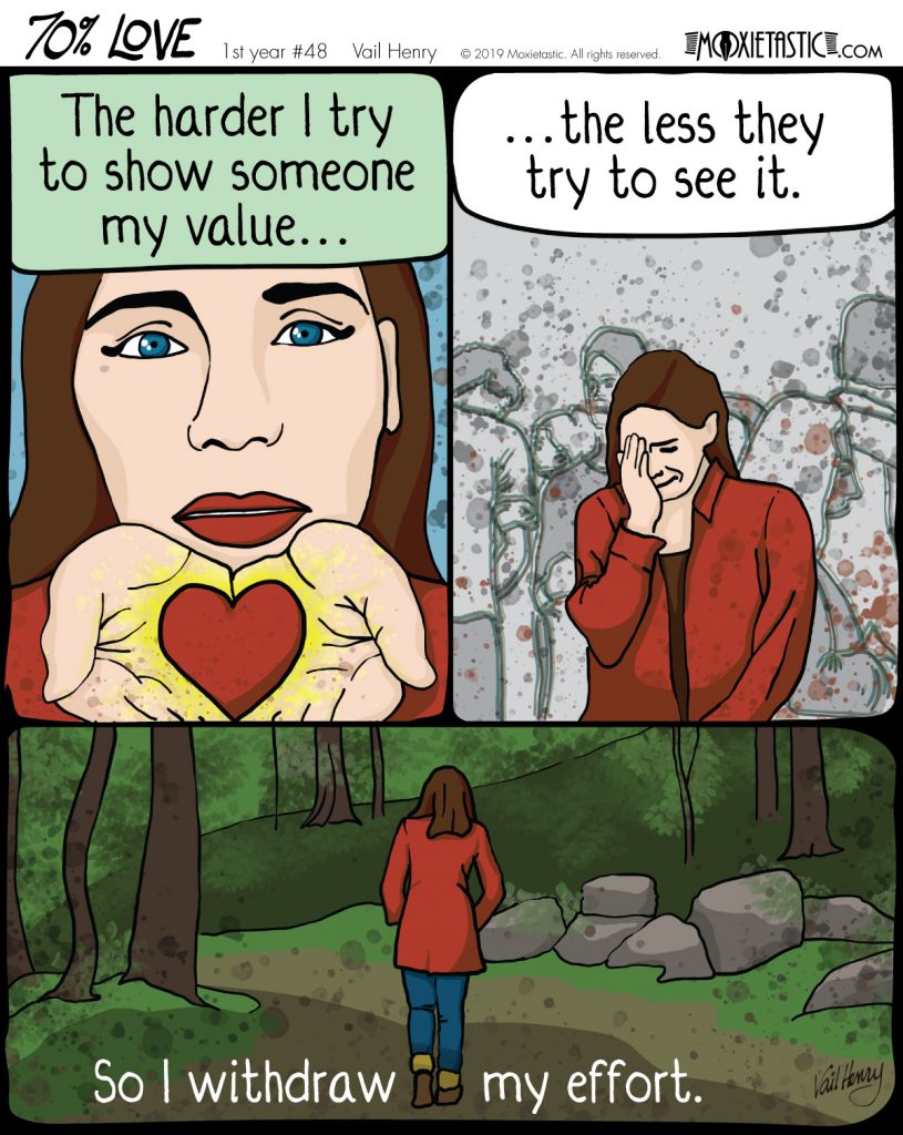 3-panel comic of a woman holding out a glowing heart; then crying while people pass her by; then walking alone in woods
