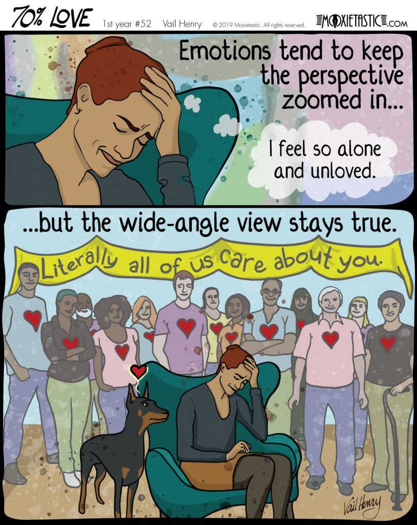 A zoomed-in view of a distraught person; then, a wide-angle view of a distraught person surrounded by smiling people with hearts on their shirts, plus an attentive and loving dog.