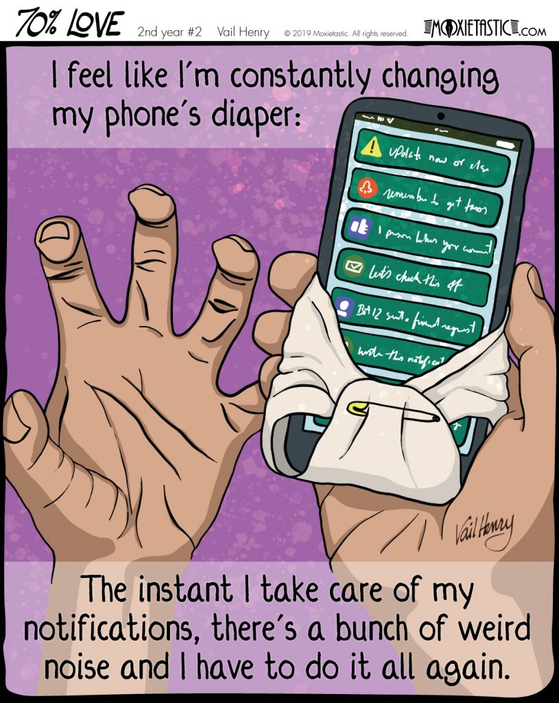 A cell phone showing many notifications, which is swaddled in a cloth diaper being held by frustrated hands.
