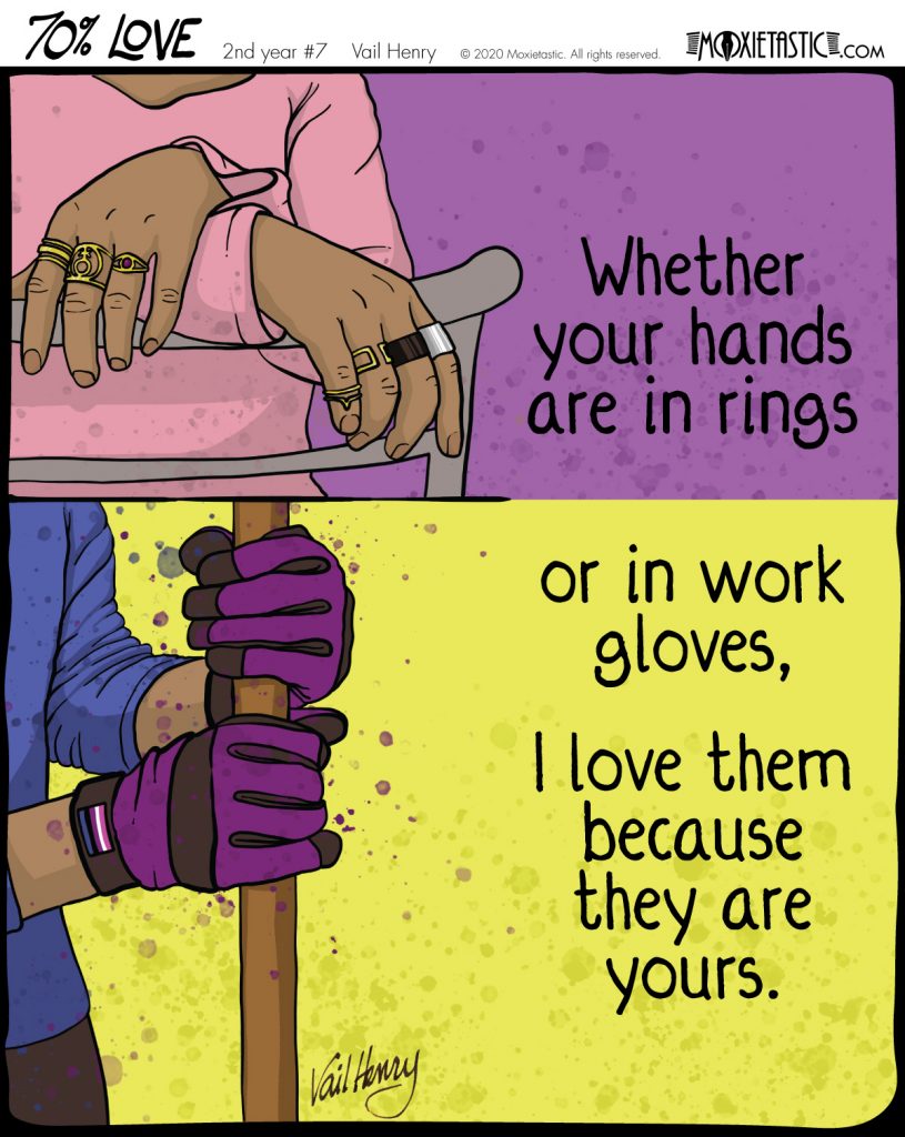 hands wearing rings; the same hands wearing work gloves