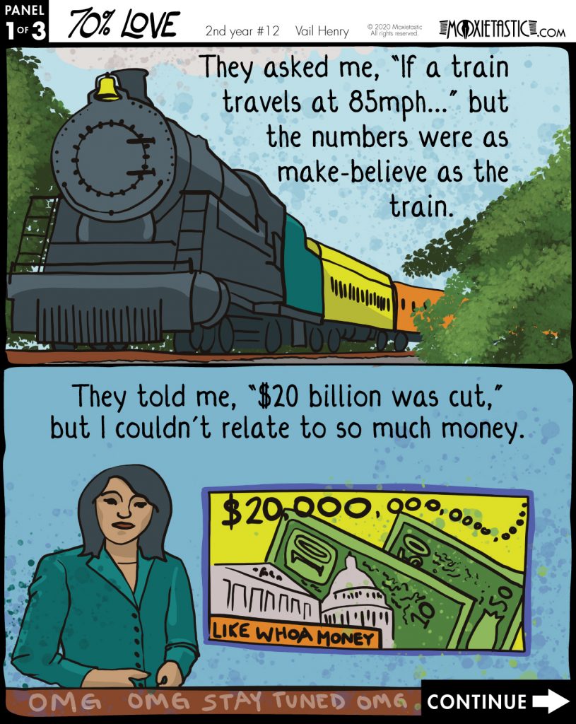 first panel: a train. second panel: a news anchor beside an inset box showing money and the US Treasury