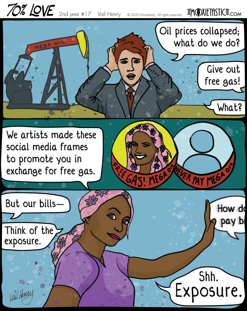 Oil drilling equipment and a worried exec. Social media frames. A flower-haired character pushing a speech bubble off the screen.