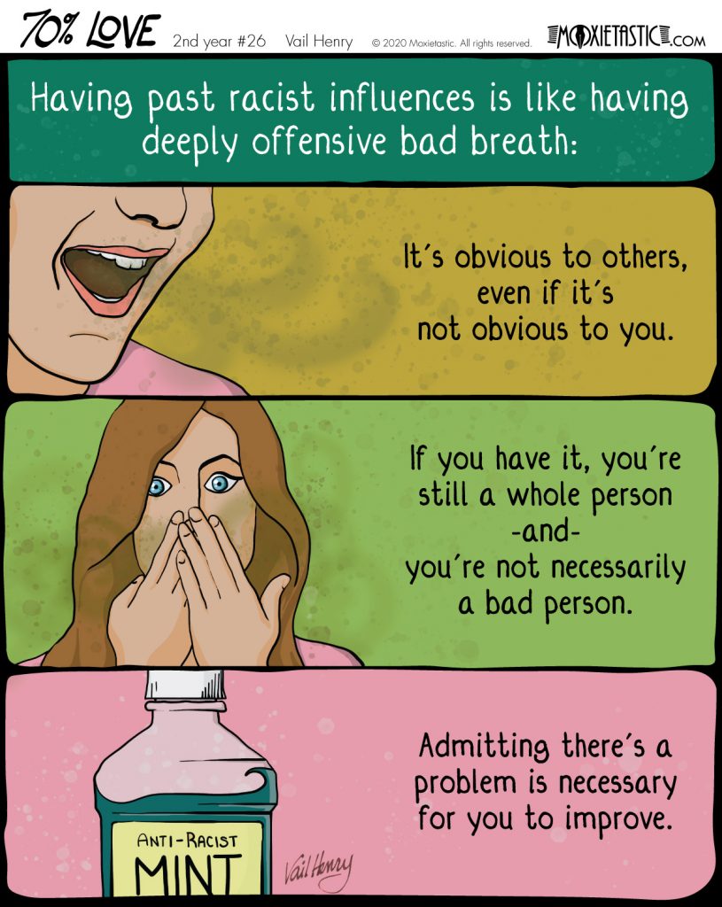 Bad breath exiting a mouth. A person with hands over face looking embarrassed. A bottle of mouthwash.