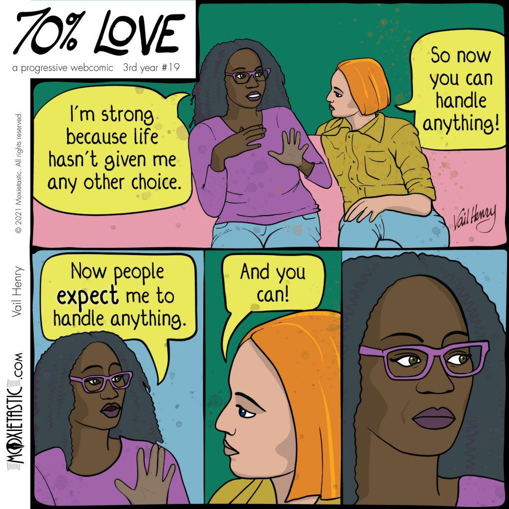 A black woman and a white woman sitting down and talking in turns. The black woman concludes the comic with The Stare.