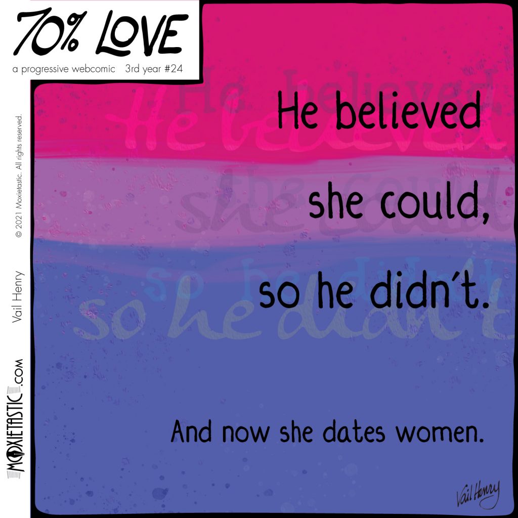 A stylized bisexual pride flag overlaid with words.