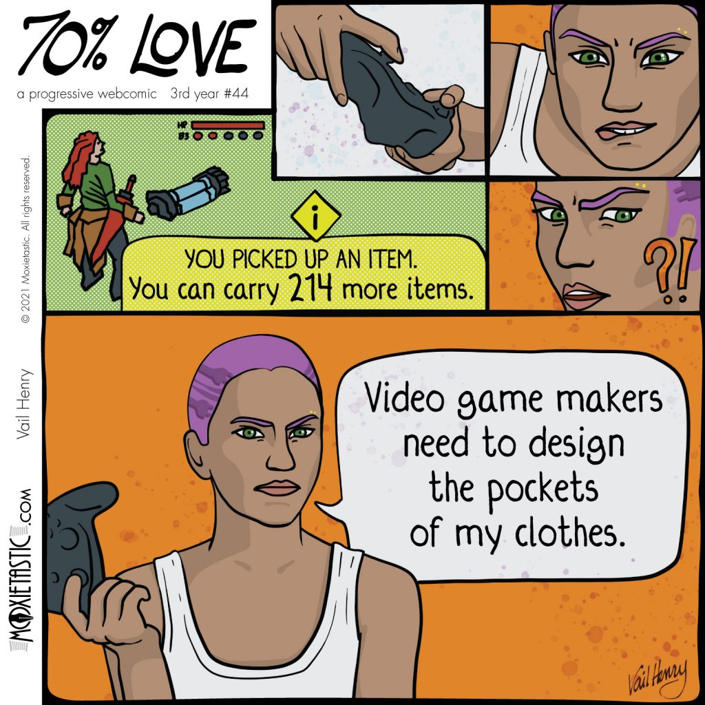 a gamer playing, squinting at a screen of the game, and then talking to the fourth wall
