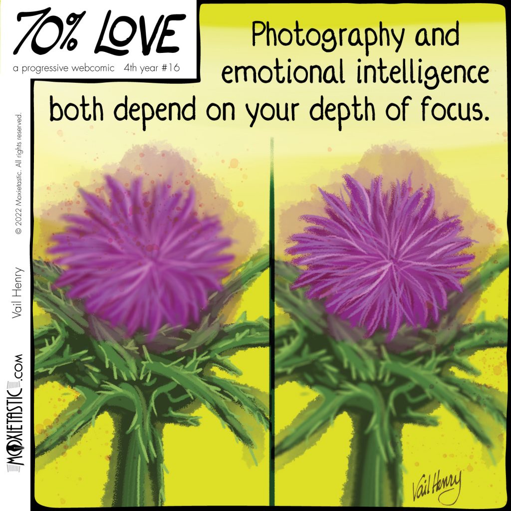 a thistle flower drawn twice; once with the thorns in focus, once with the bloom in focus