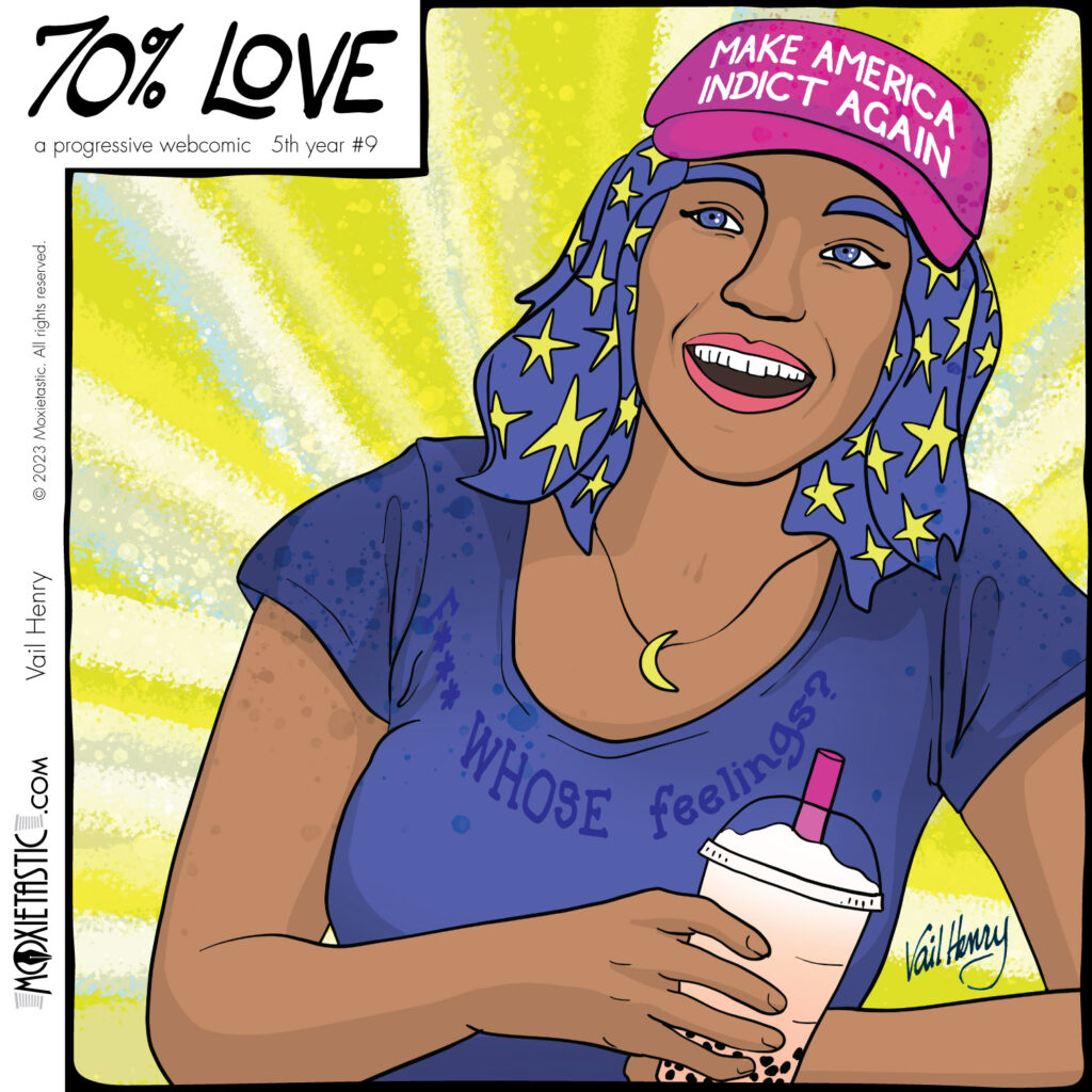 the star-haired character wearing a hot pink baseball cap that says Make America Indict Again