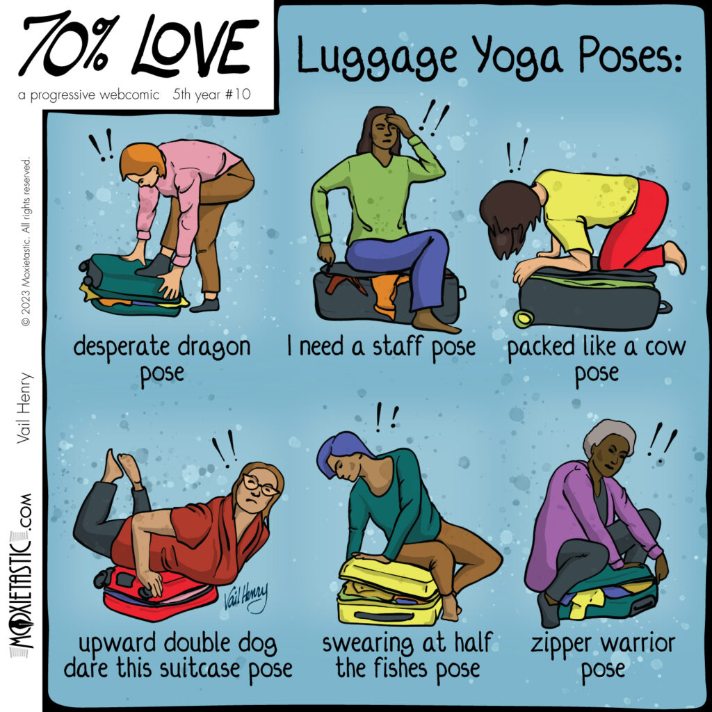 illustrated comic of people in various poses attempting to close their luggage