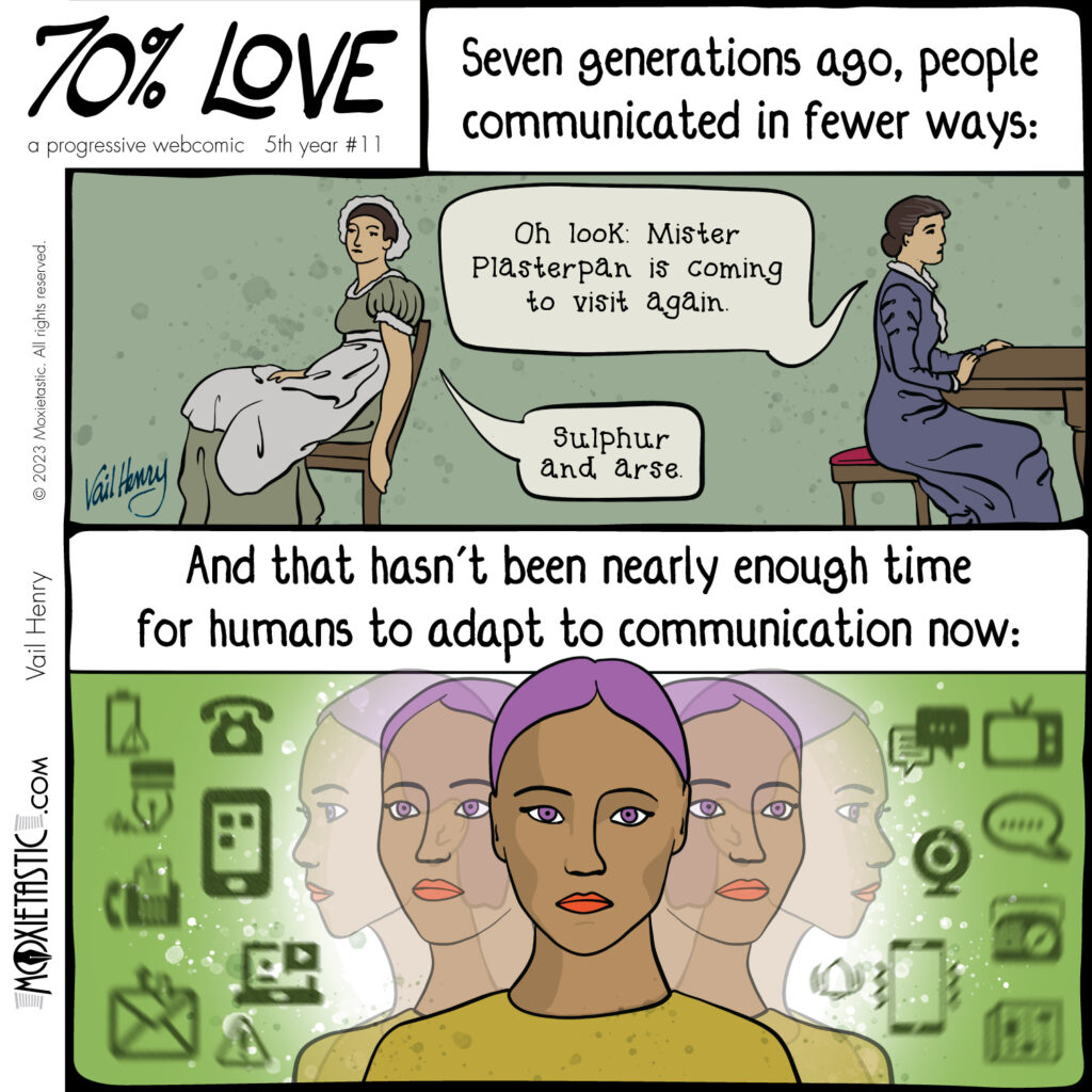 This is a webcomic with two panels: one is vintage scene; then a modern person looking in many directions and surrounded by notification icons.